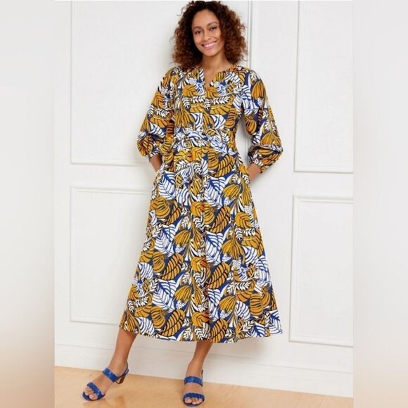TALBOTS Colorblock Leaves Poplin Shirtdress - Size 14W - Picture 1 of 12